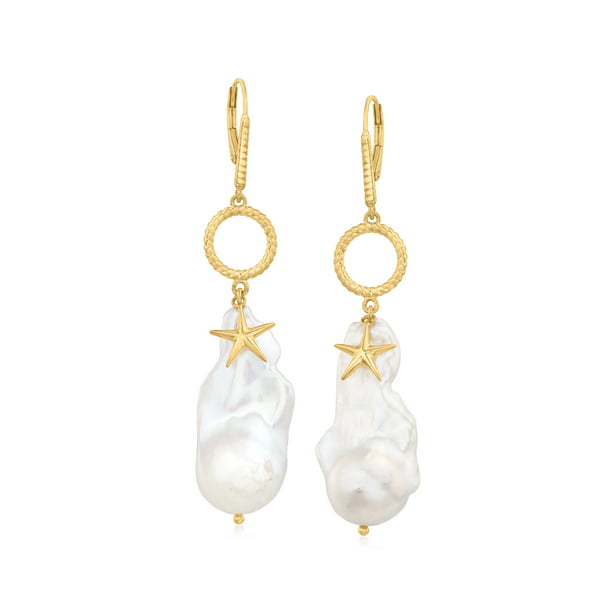 14-16mm White Baroque Pearl Earrings Gold Ear Drop Dangle Hoop Gift Accessories